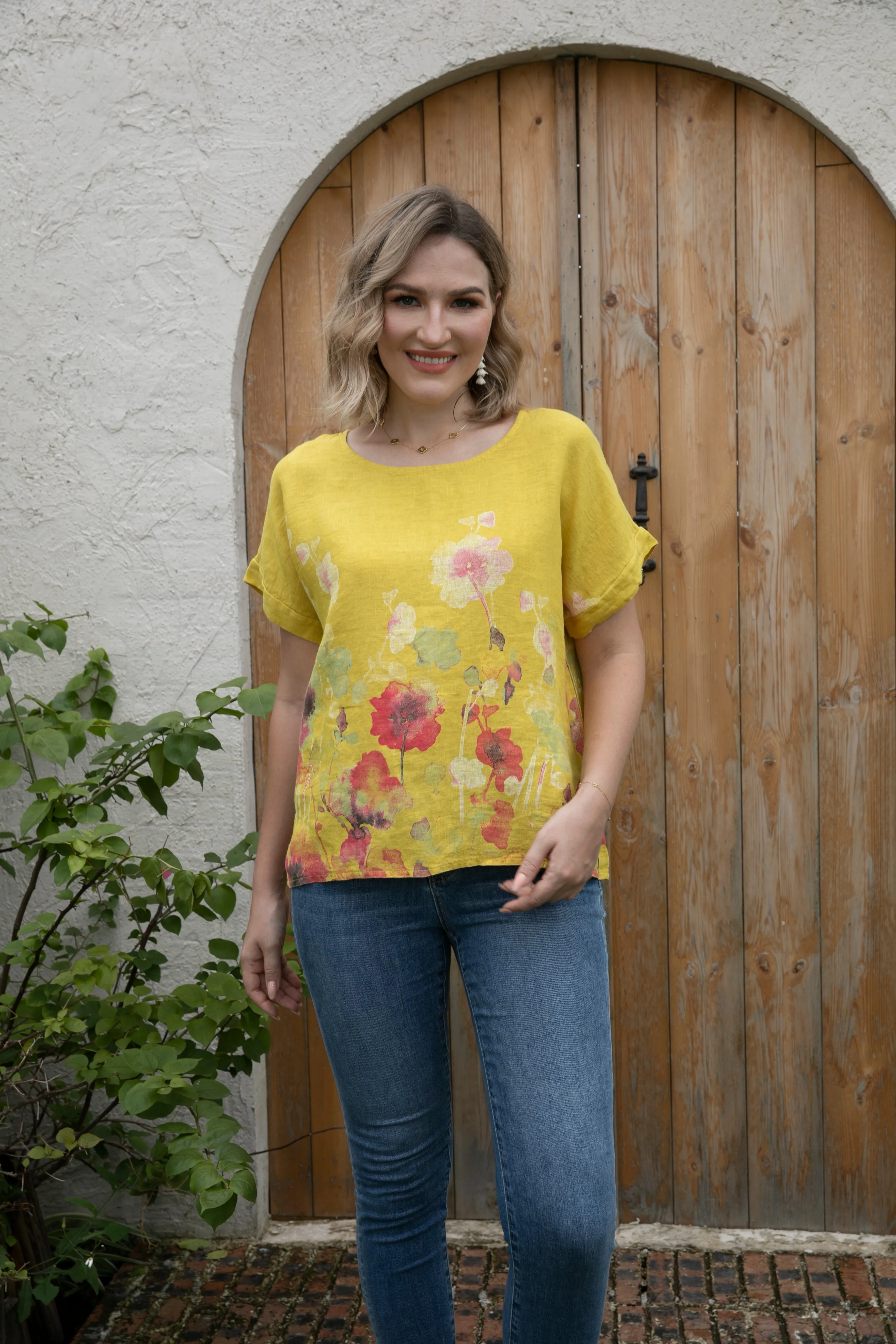 Angela's Watercolor Blossom Linen Top