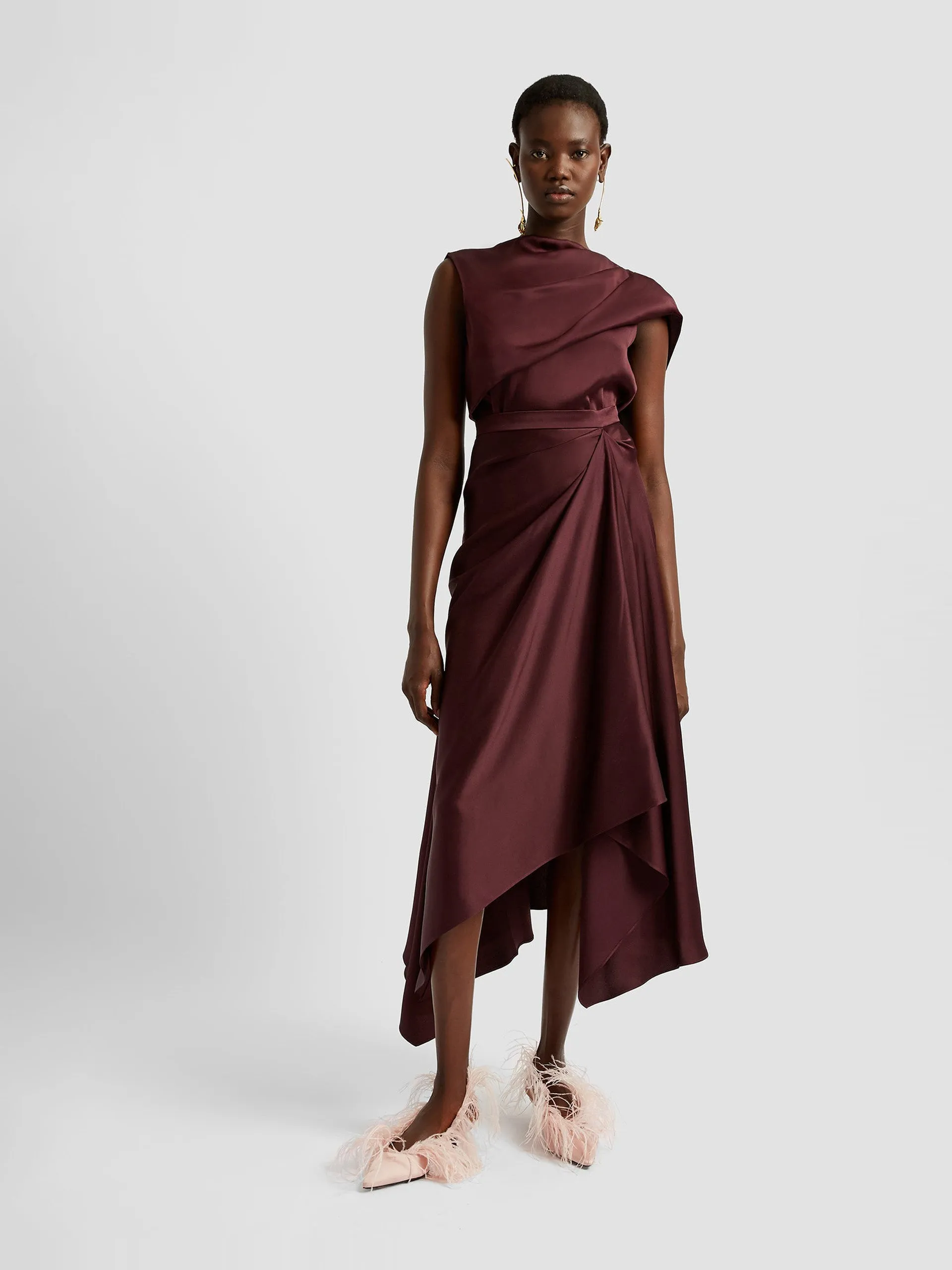 Asymmetric draped midi skirt