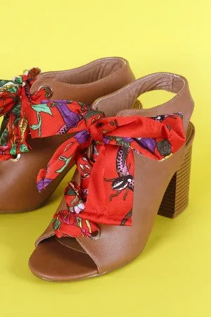 Bamboo Peep Toe Floral Lace-Up Chunky Mule Heel
