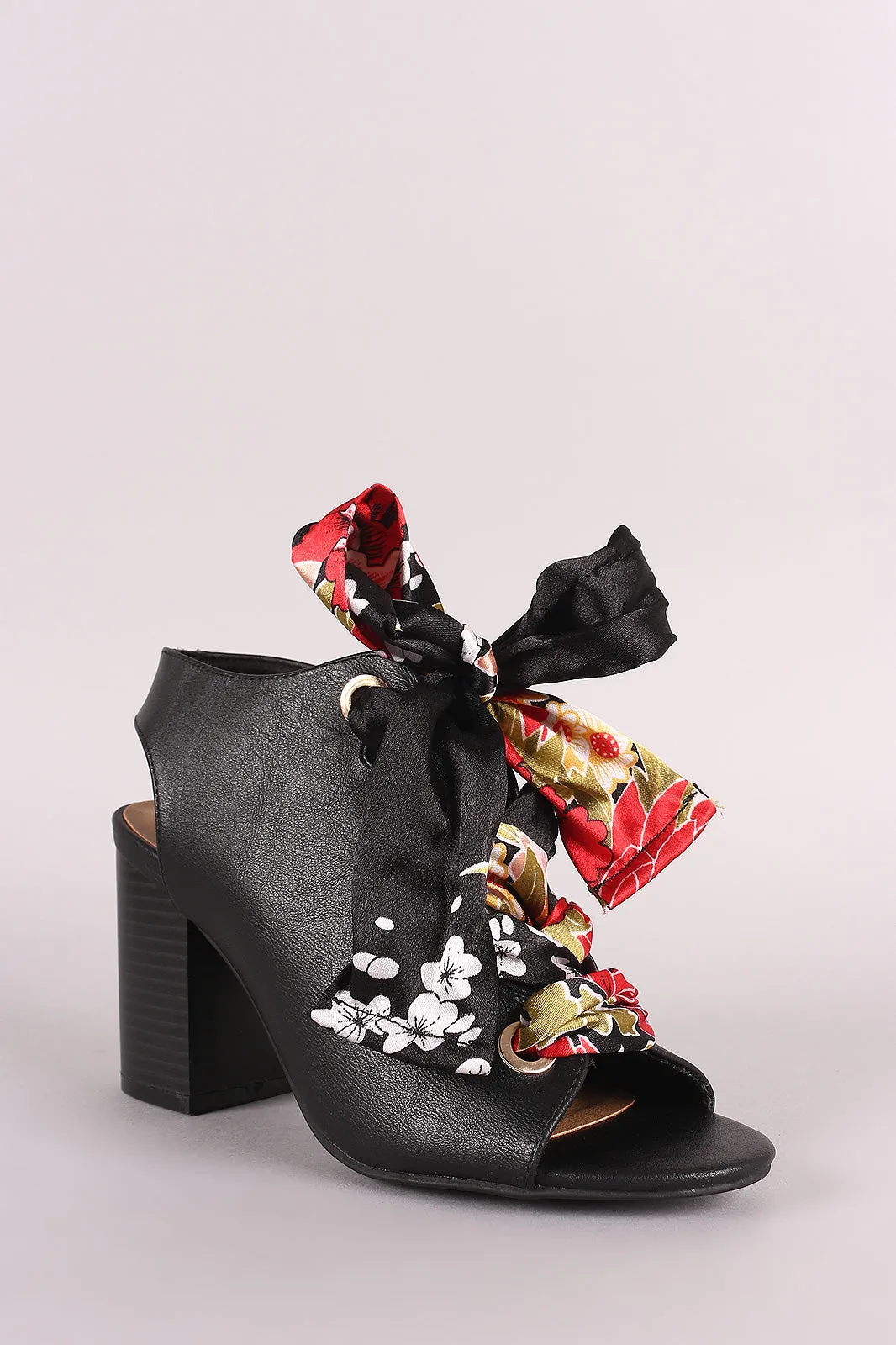 Bamboo Peep Toe Floral Lace-Up Chunky Mule Heel
