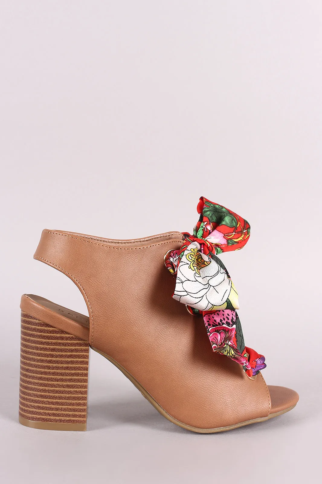Bamboo Peep Toe Floral Lace-Up Chunky Mule Heel
