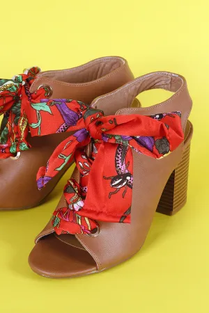 Bamboo Peep Toe Floral Lace-Up Chunky Mule Heel