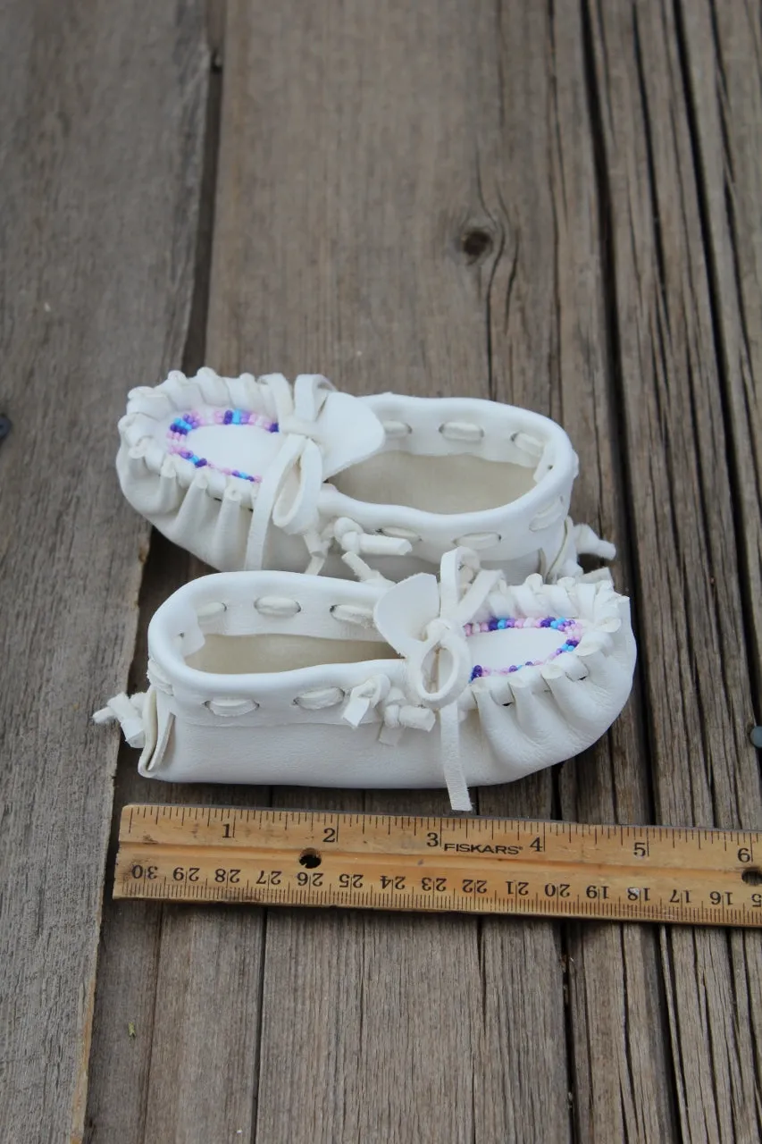 Beaded baby moccasins, buckskin baby moccasins