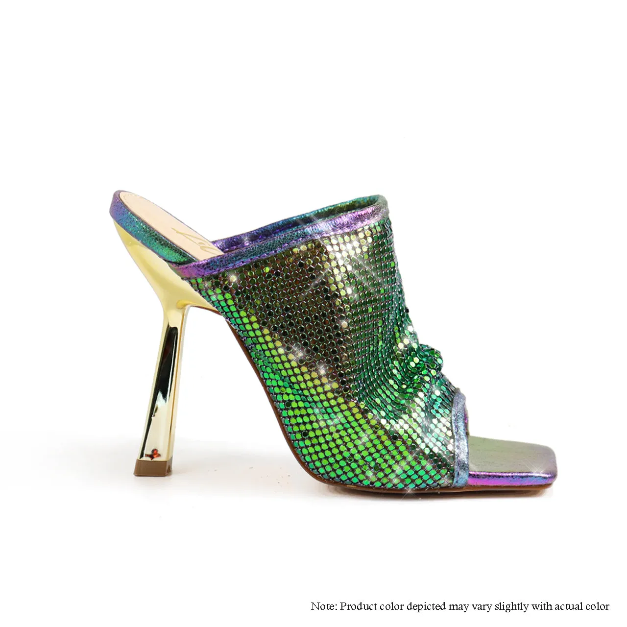 CHLOE-6 DRAPERY EFFECT CHAINMAIL MULE HEEL - RAINBOW