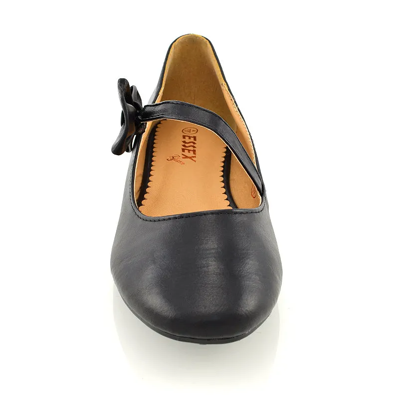 COLETTE FLAT LOW HEEL STRAPPY WITH BOW DETAILING BALLERINA PUMP SHOES IN BLACK PU