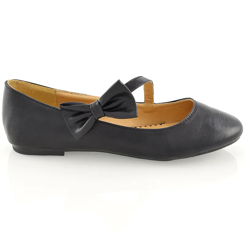 COLETTE FLAT LOW HEEL STRAPPY WITH BOW DETAILING BALLERINA PUMP SHOES IN BLACK PU