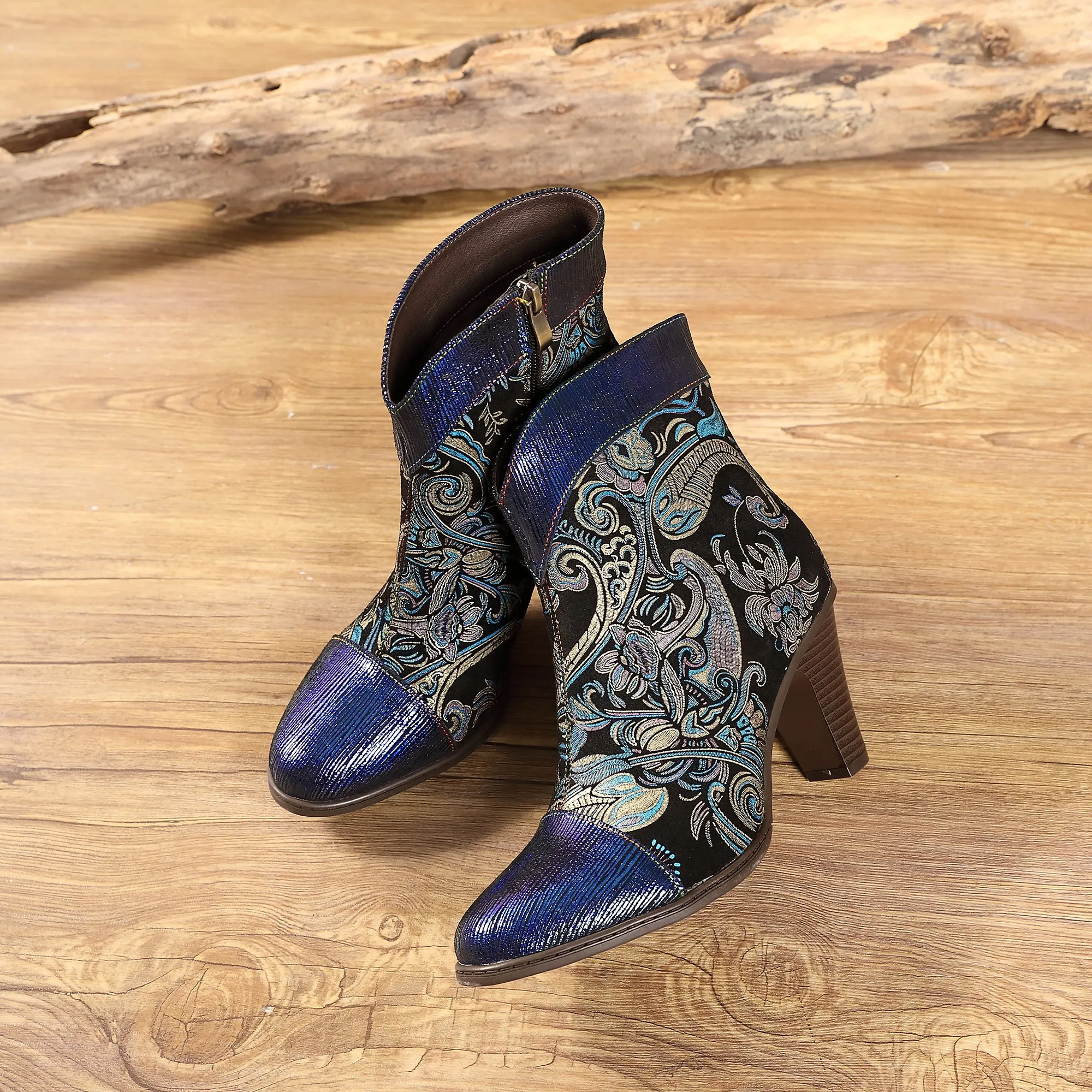 CrazycatZ Womens  Boots Bohemian Block Heel Leather Western Boots Colorful Leather Bootie Blue