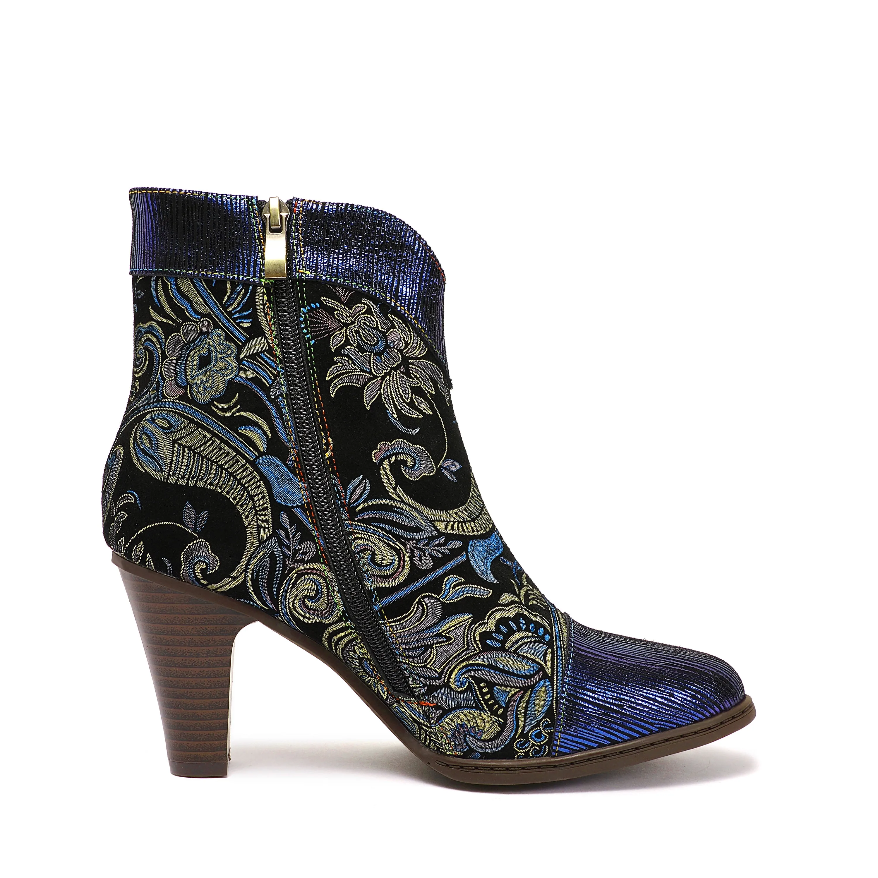 CrazycatZ Womens  Boots Bohemian Block Heel Leather Western Boots Colorful Leather Bootie Blue