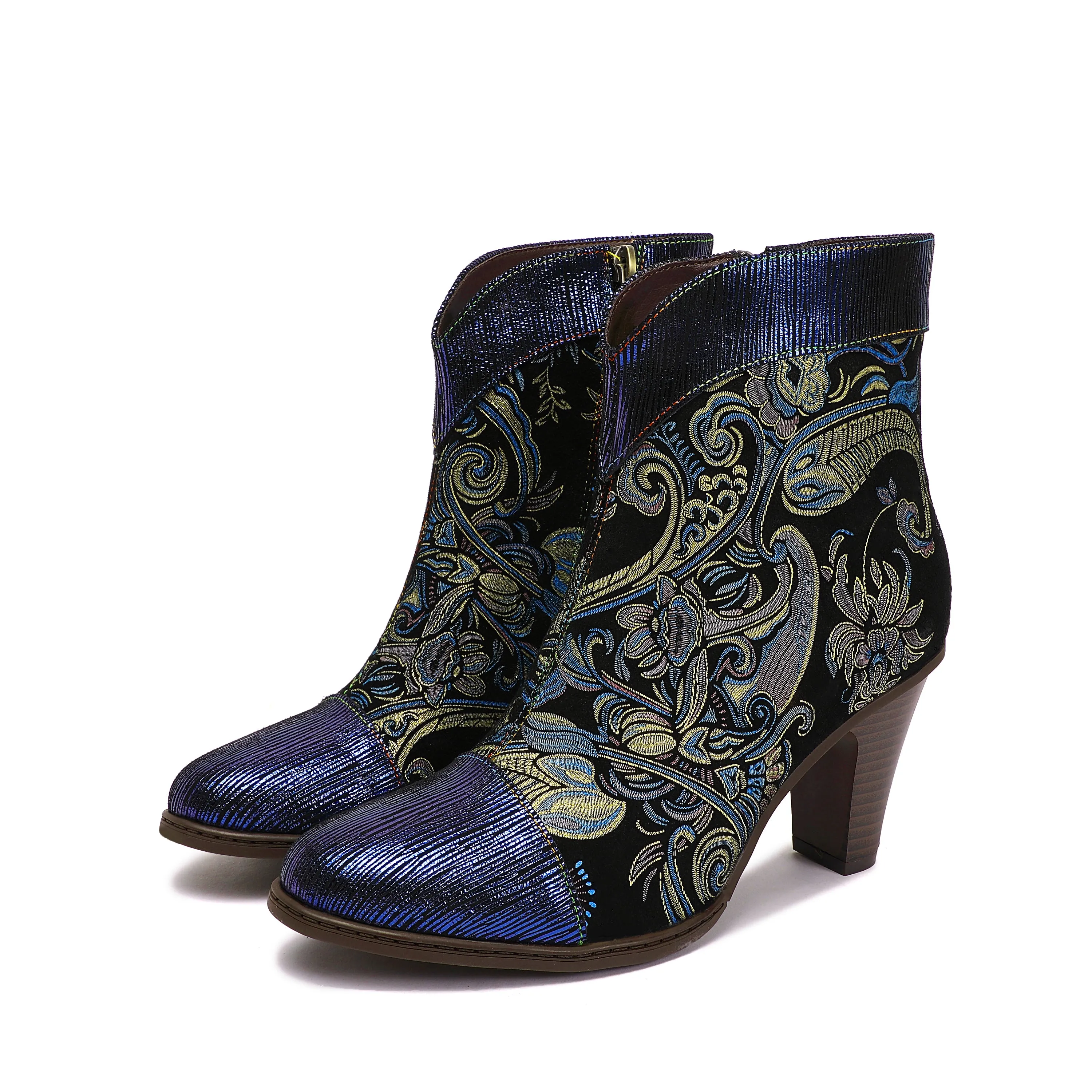 CrazycatZ Womens  Boots Bohemian Block Heel Leather Western Boots Colorful Leather Bootie Blue