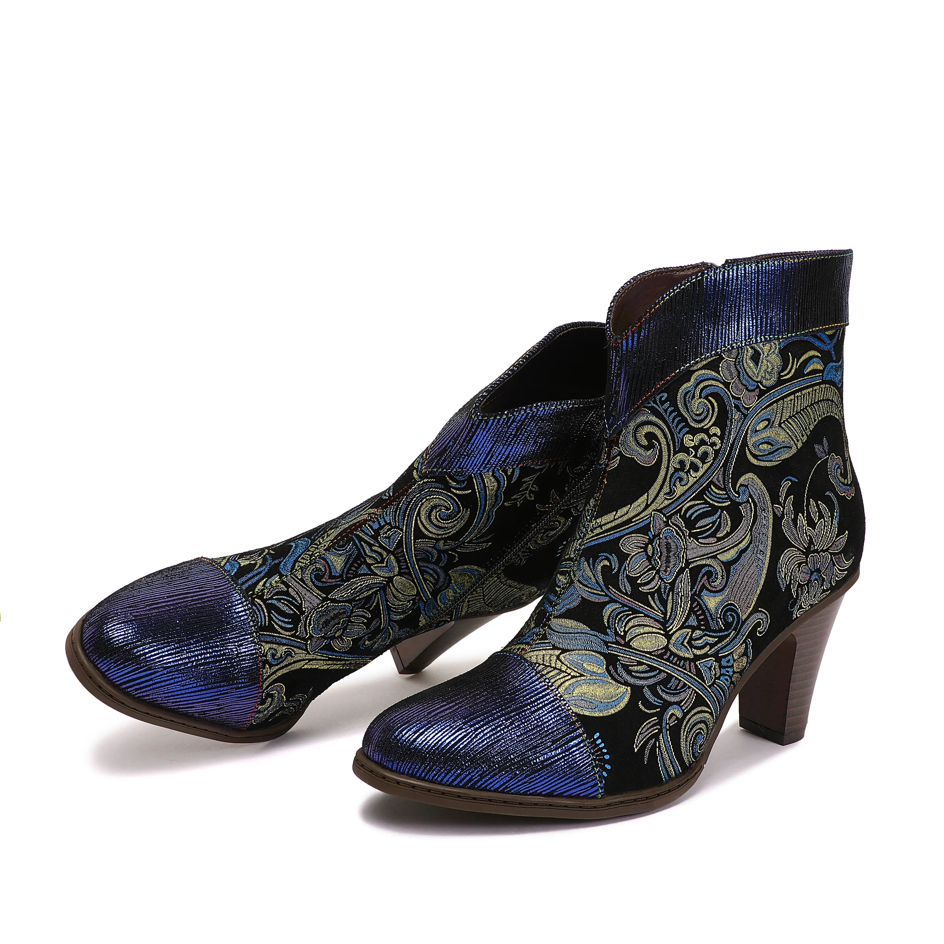 CrazycatZ Womens  Boots Bohemian Block Heel Leather Western Boots Colorful Leather Bootie Blue