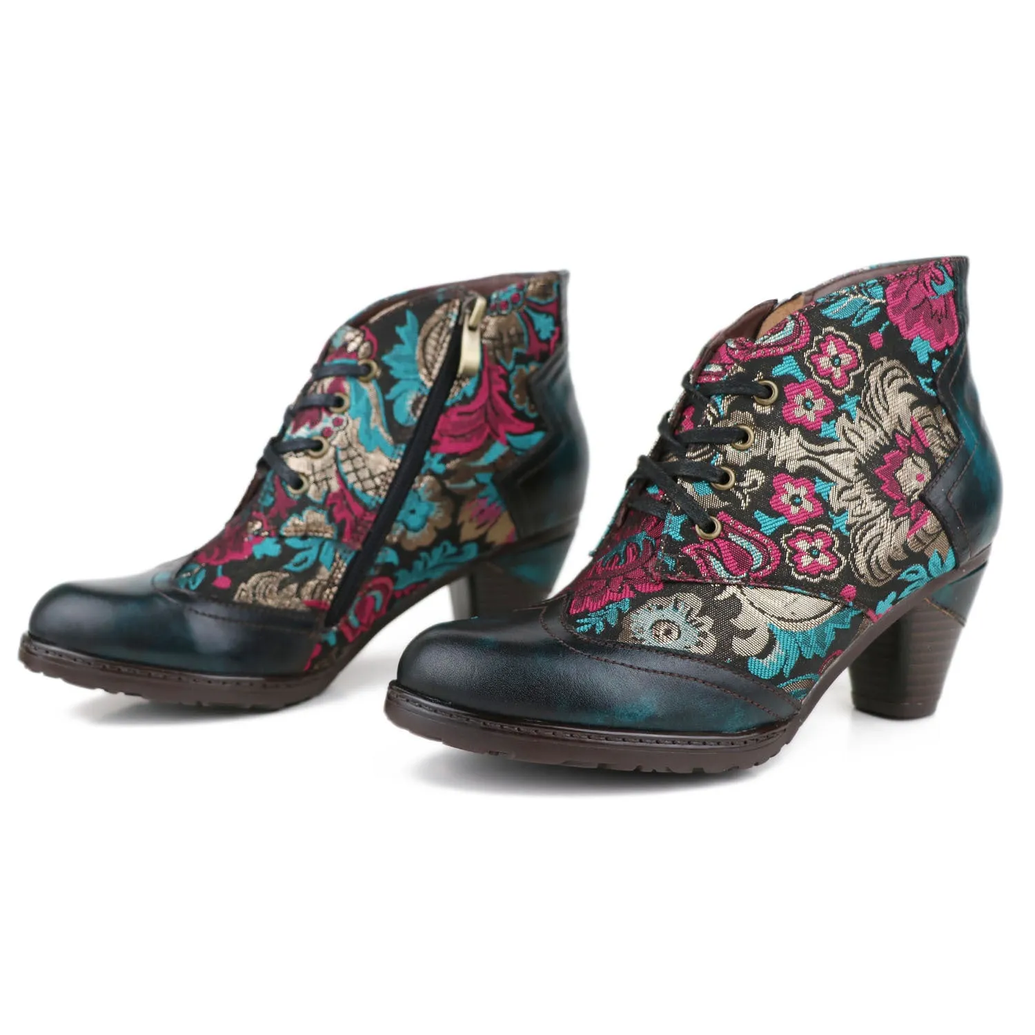 CrazycatZ Womens Leather Ankle Boots Bohemian Block Heel Colorful Floral Leather Boots Dark Green