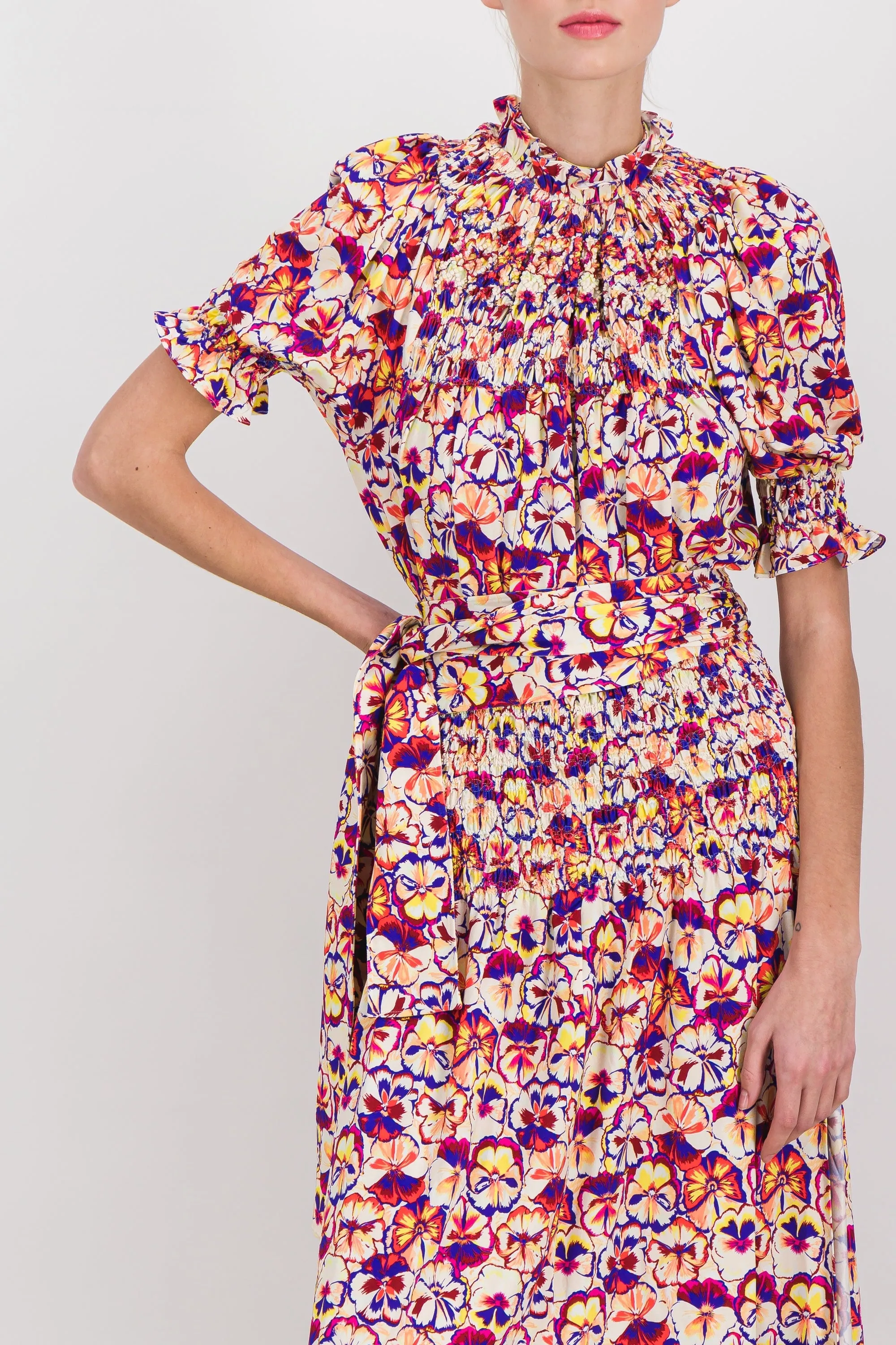 Flower printed jersey shortsleeved midi dress