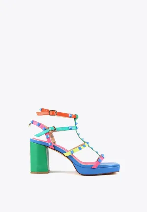 Heeled sandals with multicoloured straps