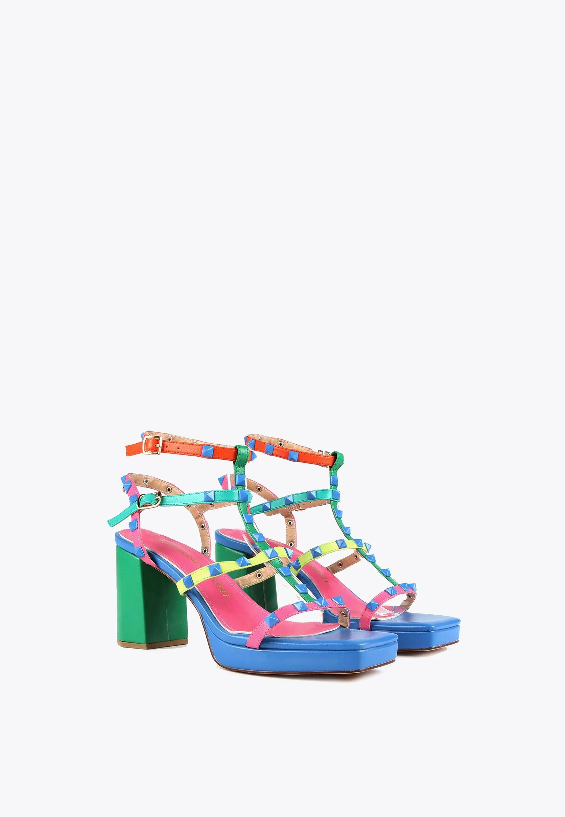 Heeled sandals with multicoloured straps