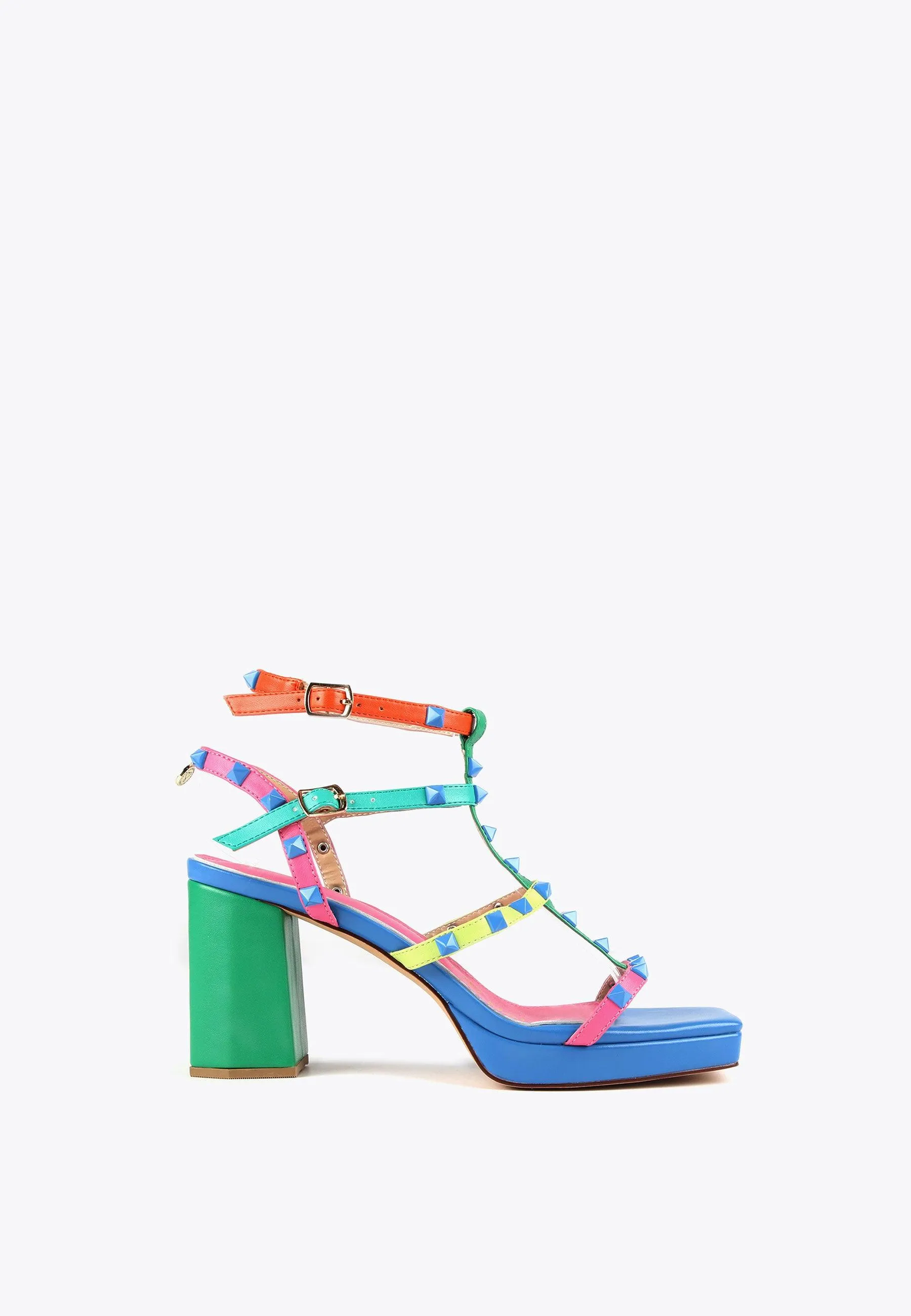 Heeled sandals with multicoloured straps
