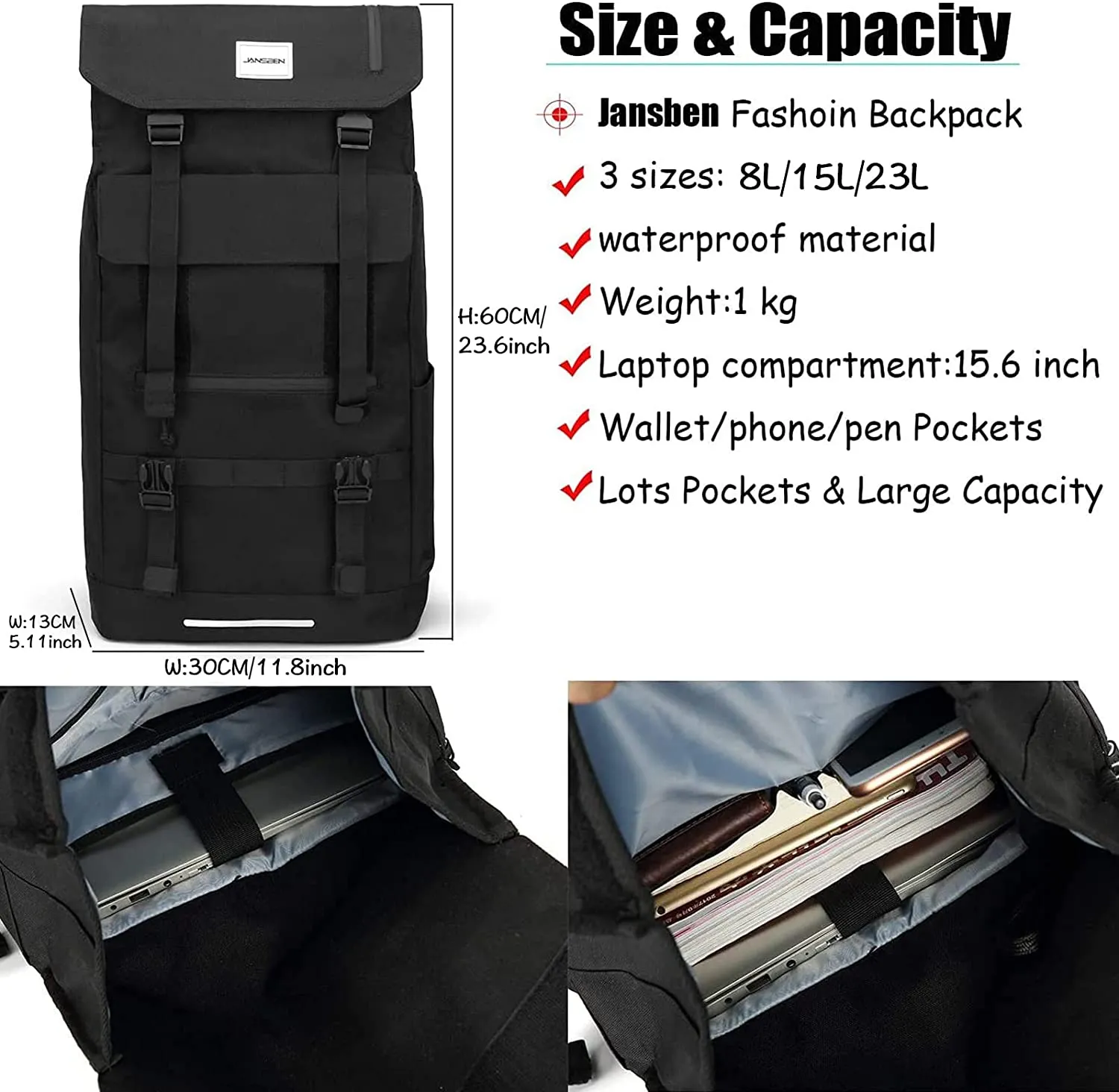Jansben 3 in 1 Convertible Backpack 8L-23 L