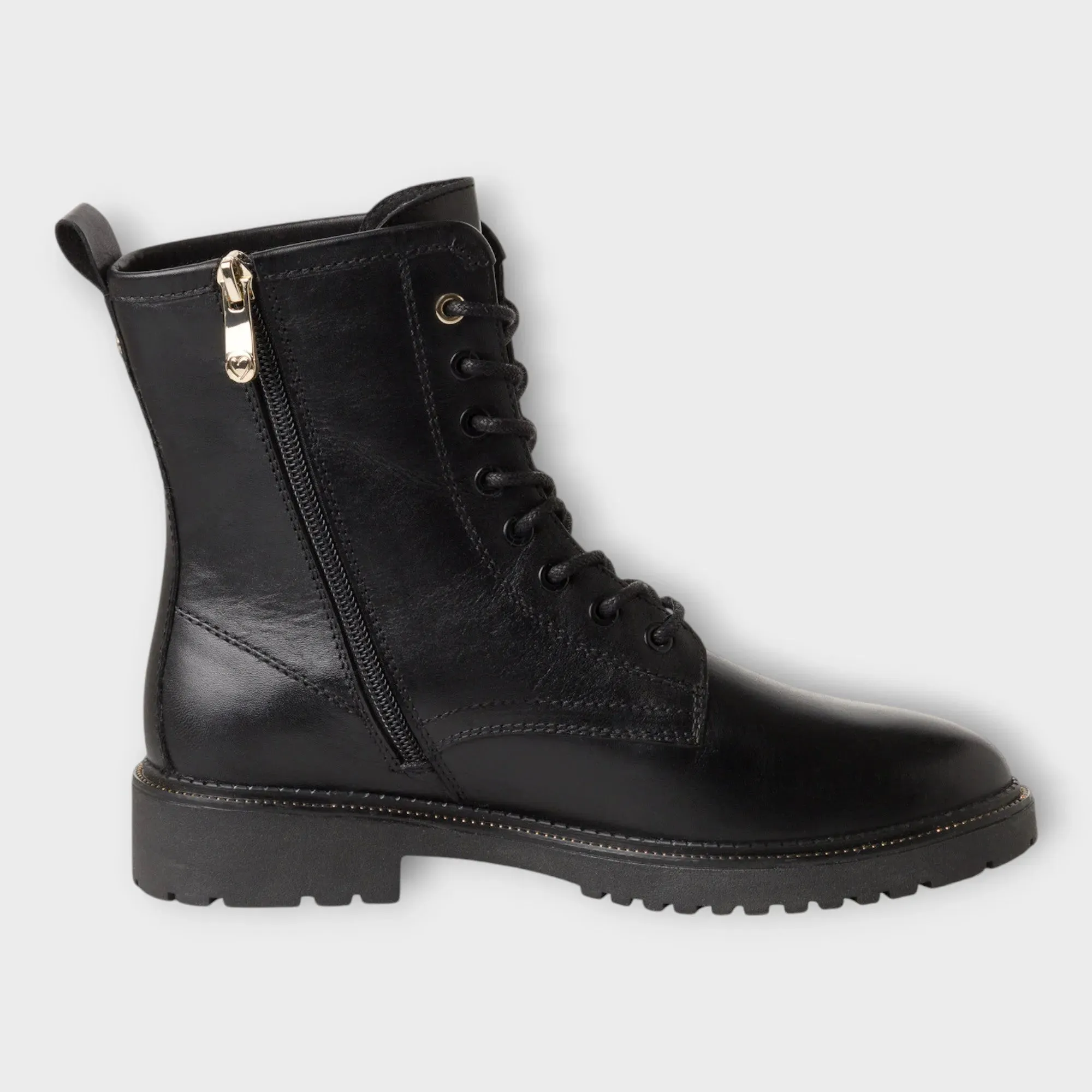 Marco Tozzi Leather Lace-Up Black Boots with Chunky Sole