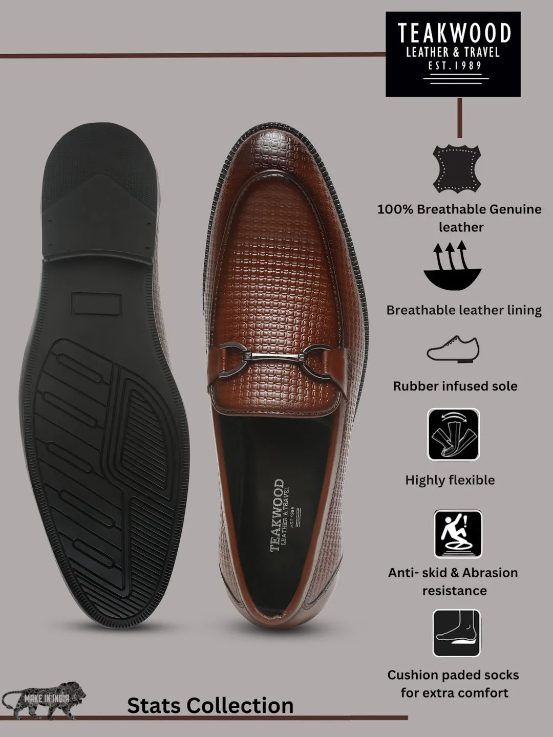 Men's Brown Patterned Leather Moccasins with buckle