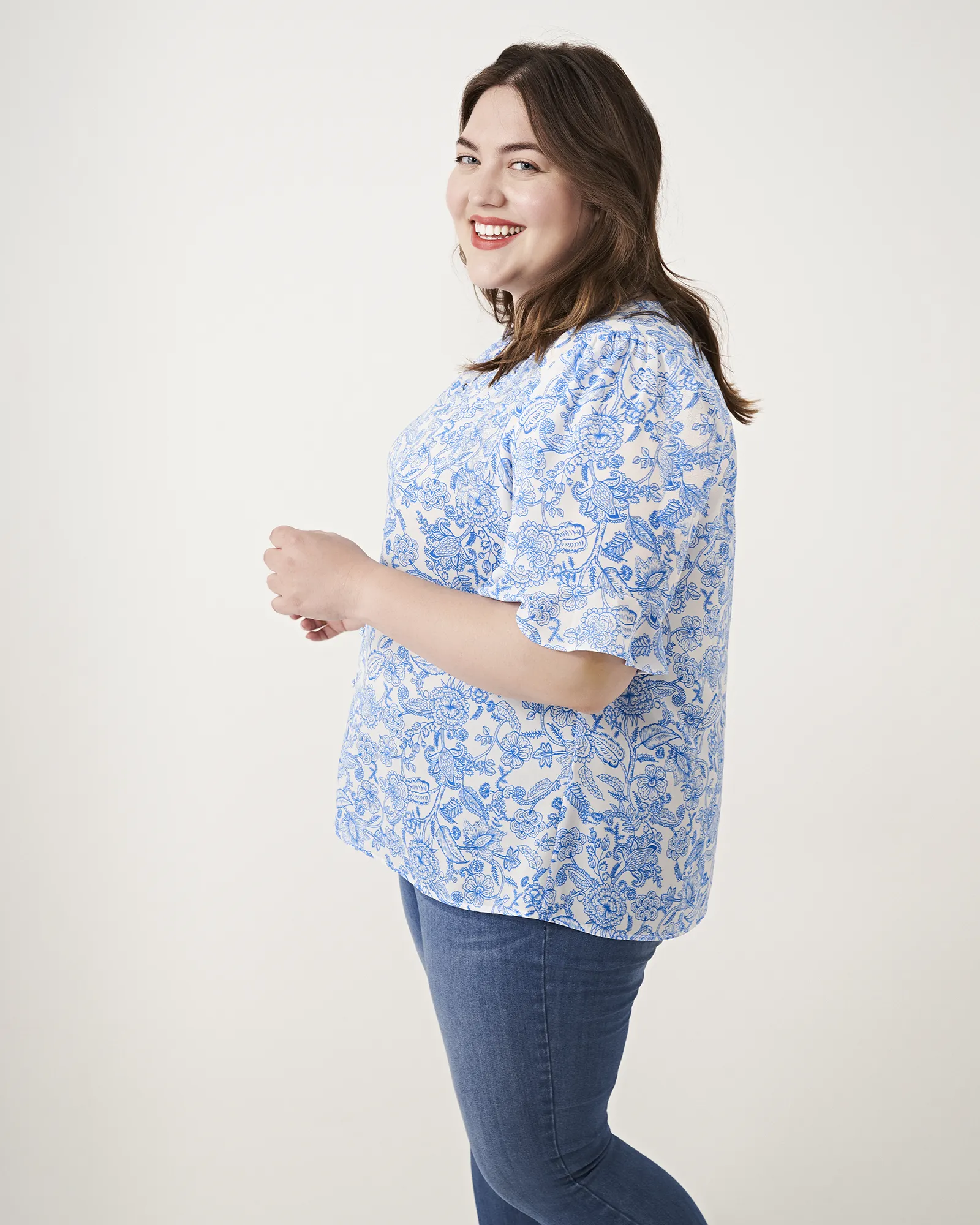 Mila Ruffle Sleeve Blouse | White / Azure Blue