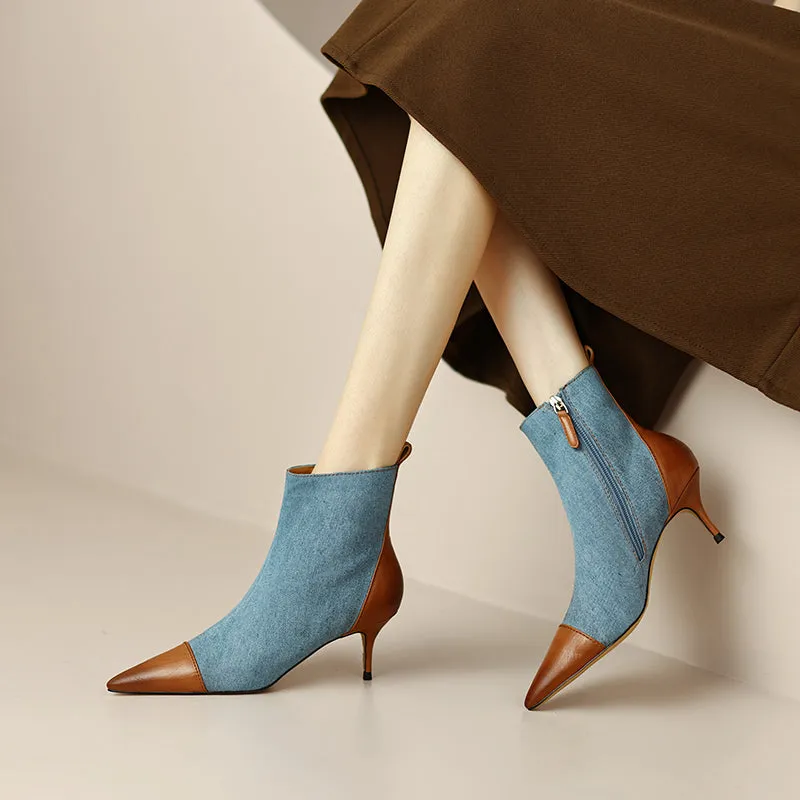 Myla Pointed Toe Ankle Denim Boots Blue