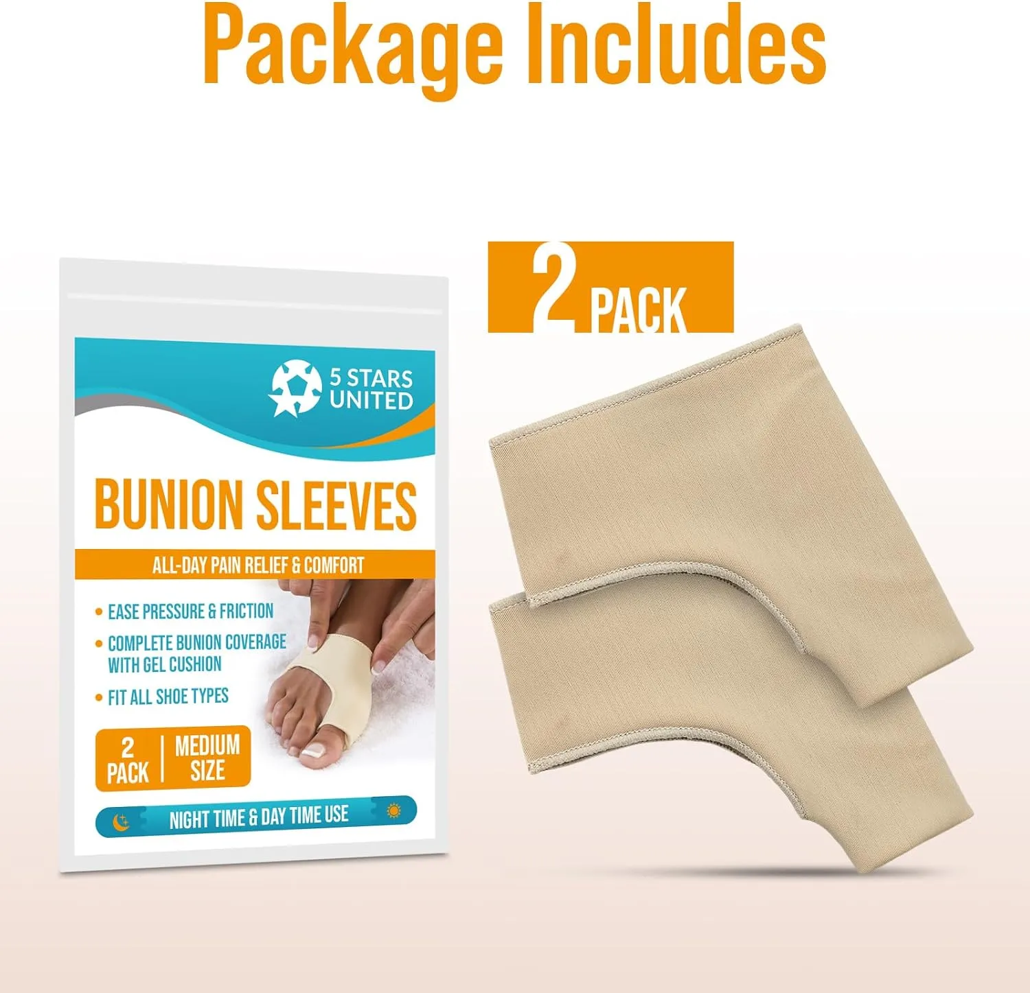 NEW 5 STARS UNITED Bunion Relief Sleeve with Gel Cushion – 2-Pack Hallux Valgus Cover for Men and Women - Toe Spacer Socks with Pads for Comfort and Protection