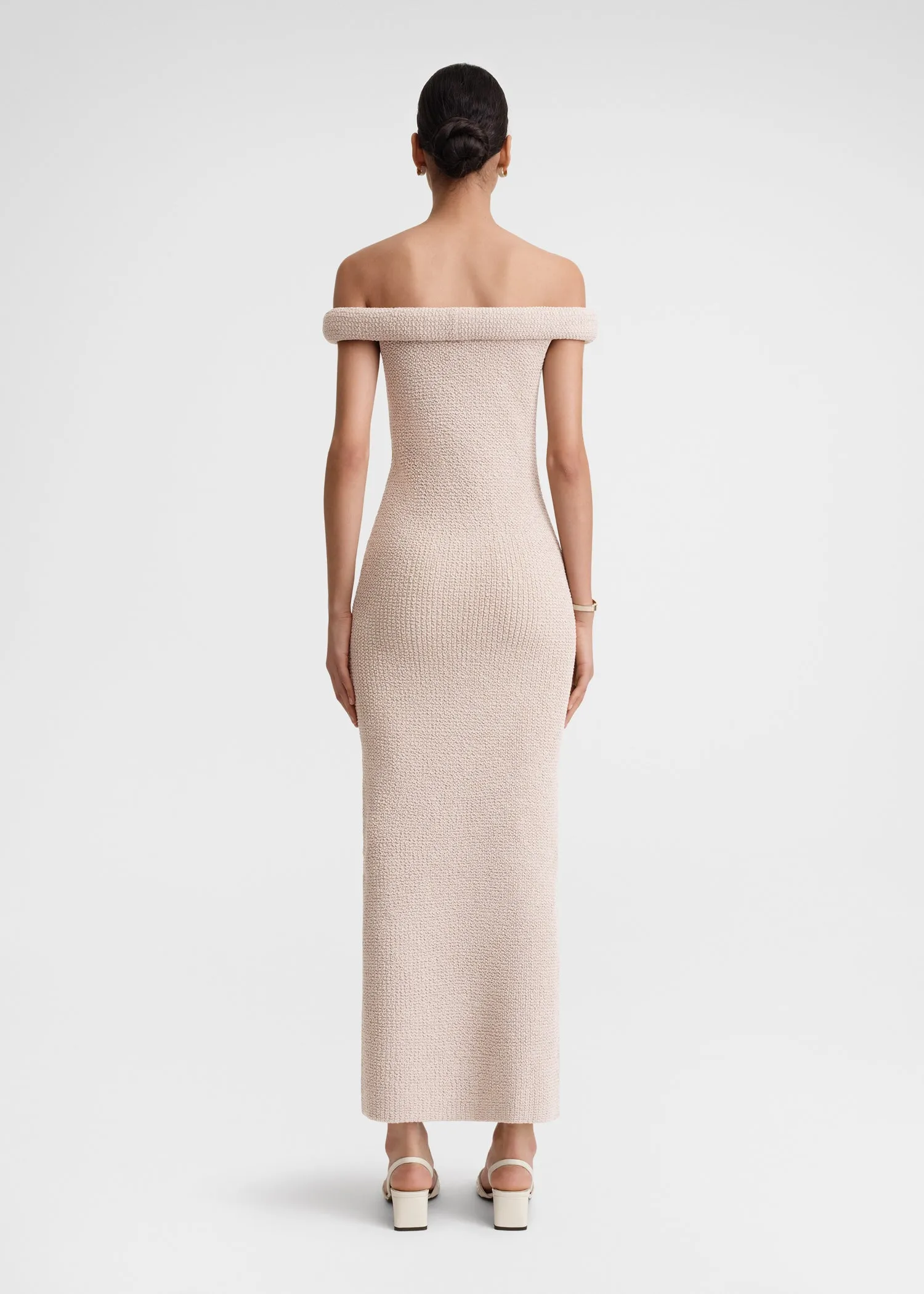 Off-shoulder roll knit dress frost