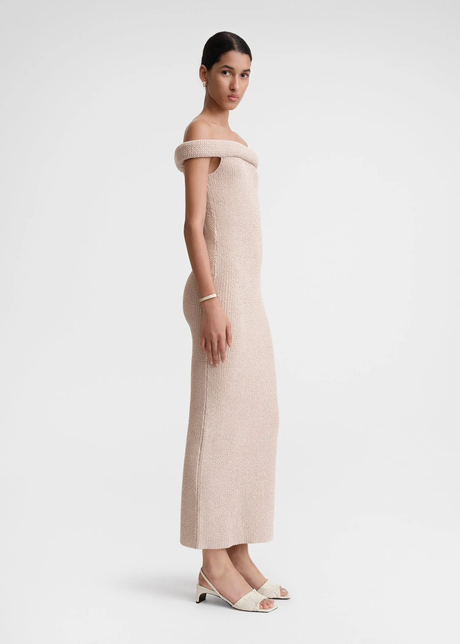 Off-shoulder roll knit dress frost