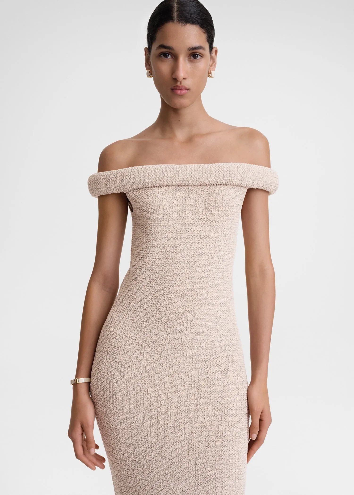 Off-shoulder roll knit dress frost