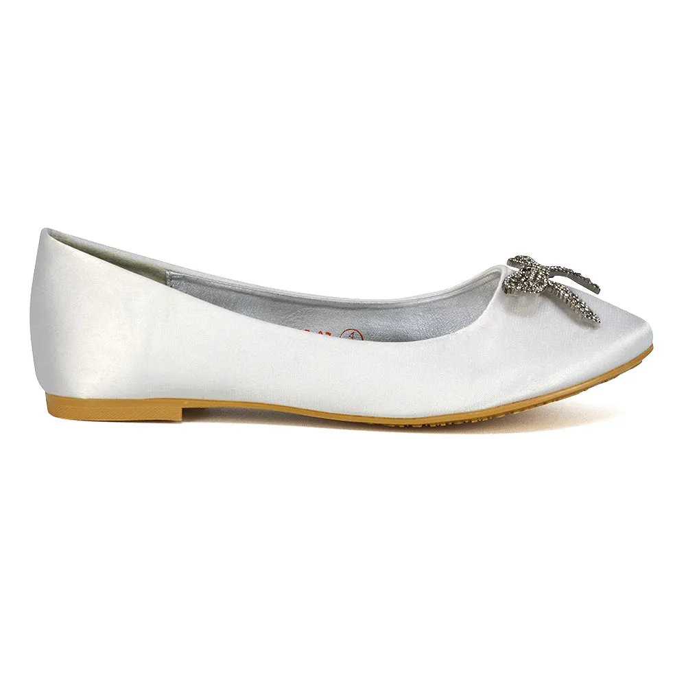 Rory Diamante Bow Flat Slip-on Wedding Bridal Pump Ballerina Shoes in Ivory Satin