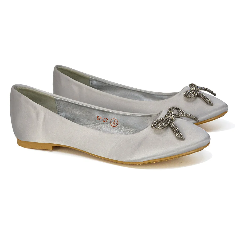 Rory Diamante Bow Flat Slip-on Wedding Bridal Pump Ballerina Shoes in Ivory Satin