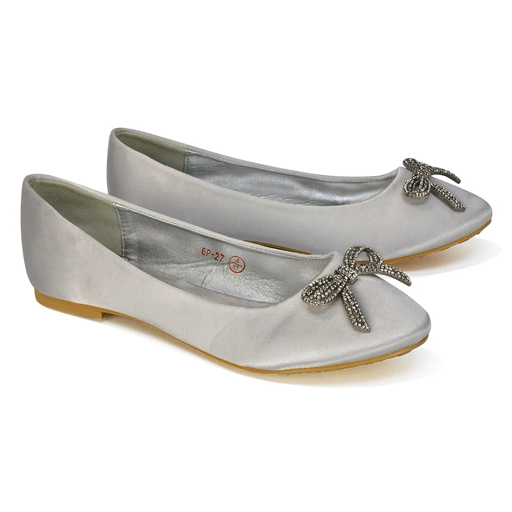 Rory Diamante Bow Flat Slip-on Wedding Bridal Pump Ballerina Shoes in Ivory Satin