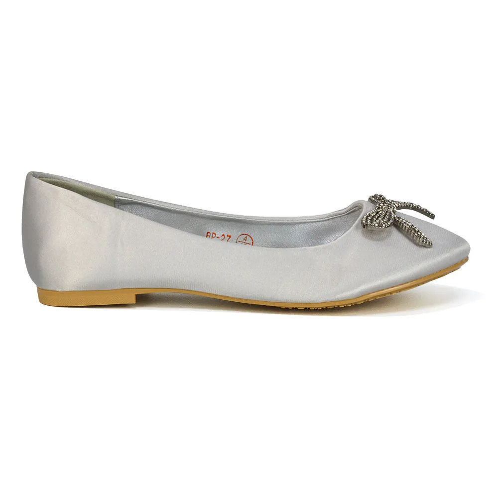 Rory Diamante Bow Flat Slip-on Wedding Bridal Pump Ballerina Shoes in Ivory Satin