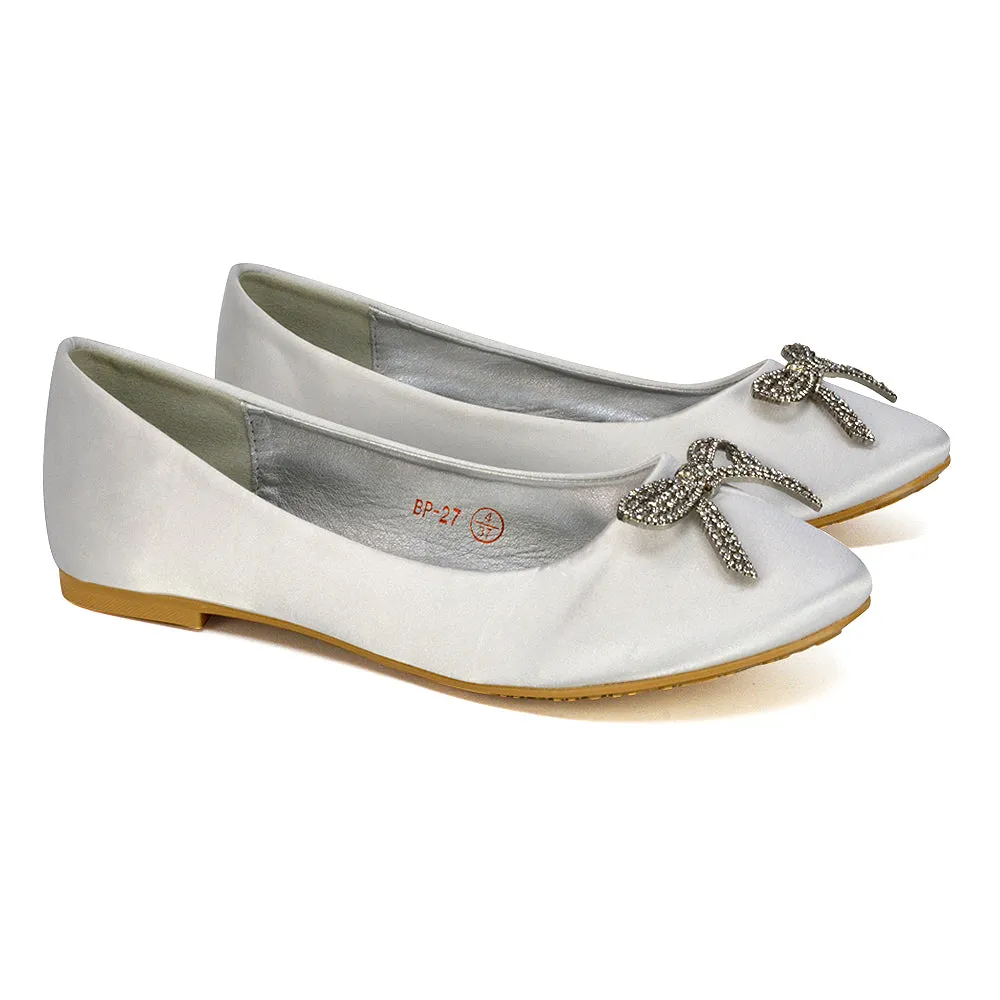 Rory Diamante Bow Flat Slip-on Wedding Bridal Pump Ballerina Shoes in Ivory Satin