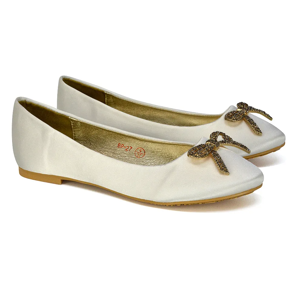 Rory Diamante Bow Flat Slip-on Wedding Bridal Pump Ballerina Shoes in Ivory Satin