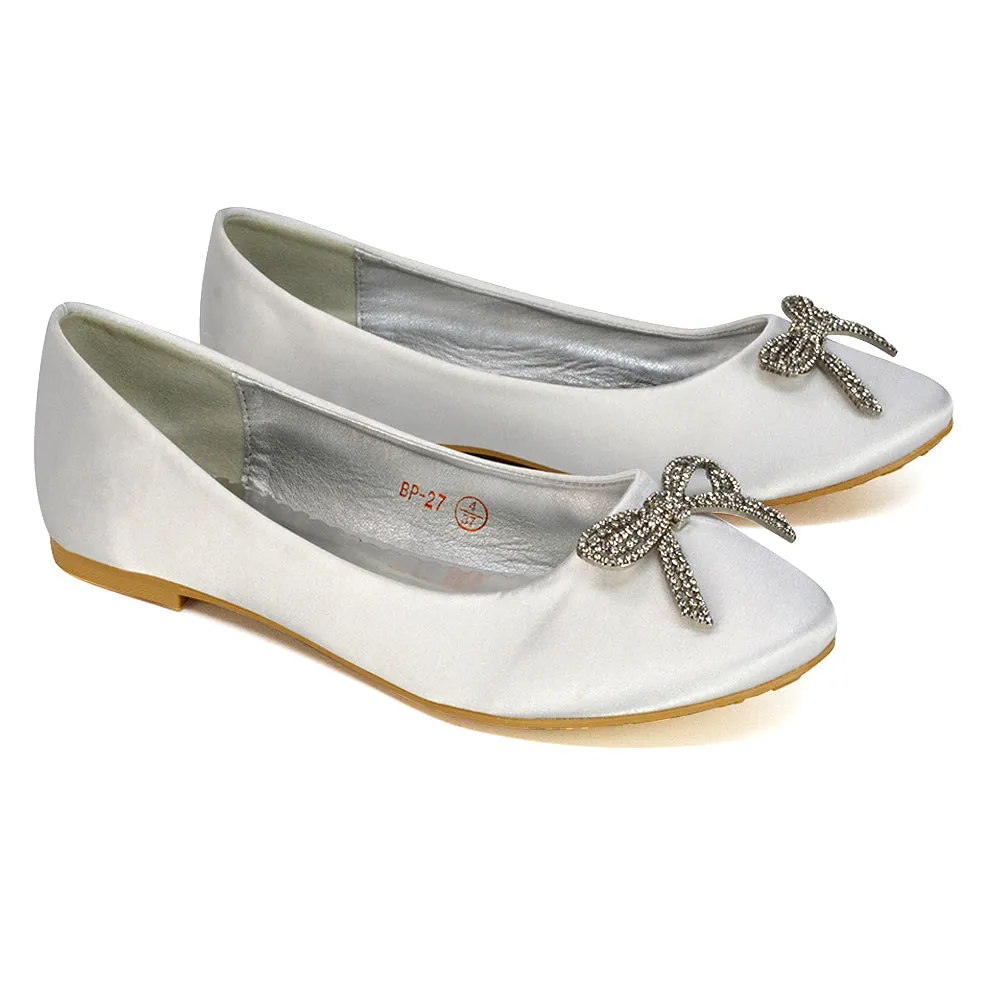 Rory Diamante Bow Flat Slip-on Wedding Bridal Pump Ballerina Shoes in Ivory Satin