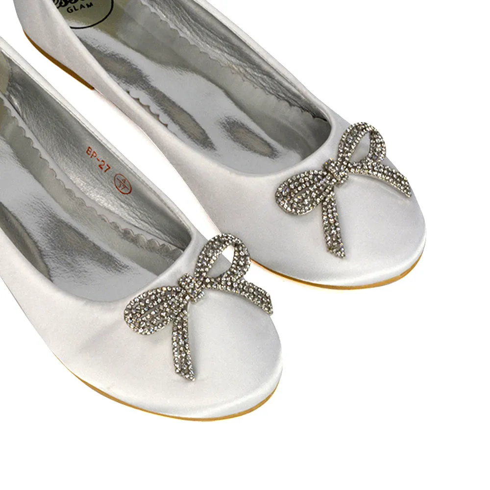 Rory Diamante Bow Flat Slip-on Wedding Bridal Pump Ballerina Shoes in Ivory Satin