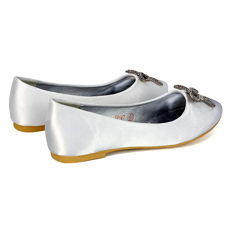 Rory Diamante Bow Flat Slip-on Wedding Bridal Pump Ballerina Shoes in Ivory Satin