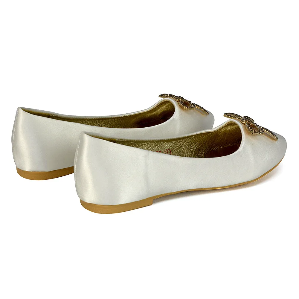 Rory Diamante Bow Flat Slip-on Wedding Bridal Pump Ballerina Shoes in Ivory Satin