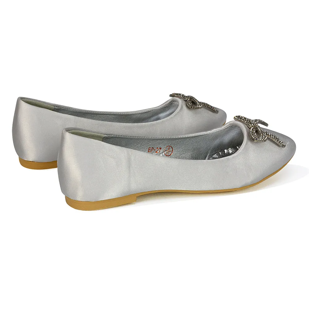 Rory Diamante Bow Flat Slip-on Wedding Bridal Pump Ballerina Shoes in Ivory Satin