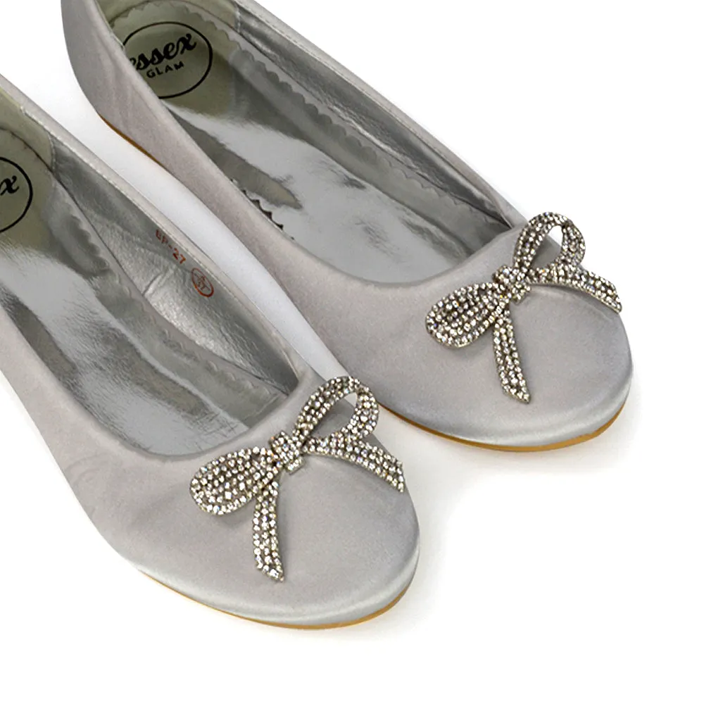 Rory Diamante Bow Flat Slip-on Wedding Bridal Pump Ballerina Shoes in Ivory Satin