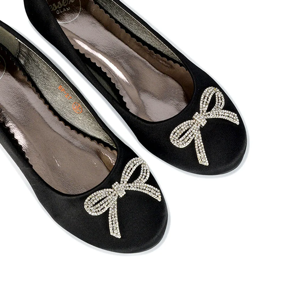 Rory Diamante Bow Flat Slip-on Wedding Bridal Pump Ballerina Shoes in Ivory Satin