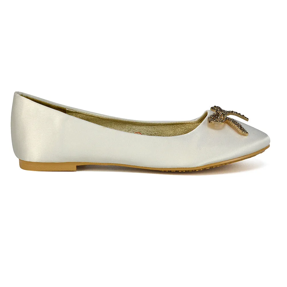 Rory Diamante Bow Flat Slip-on Wedding Bridal Pump Ballerina Shoes in Ivory Satin