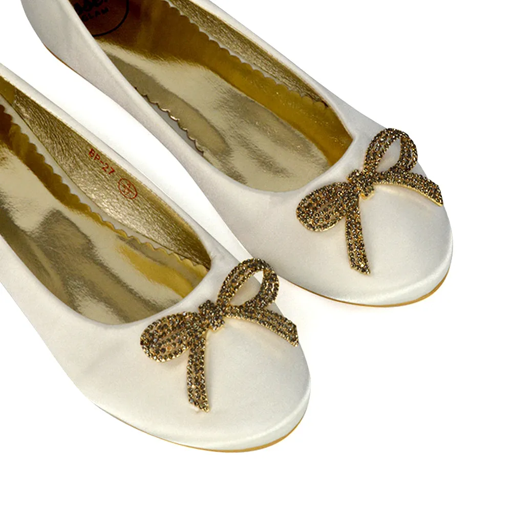 Rory Diamante Bow Flat Slip-on Wedding Bridal Pump Ballerina Shoes in Ivory Satin