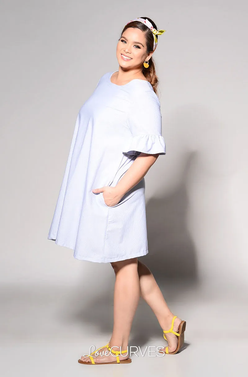 Ruffled Sleeves Shift Dress - Light Blue Stripes - REE
