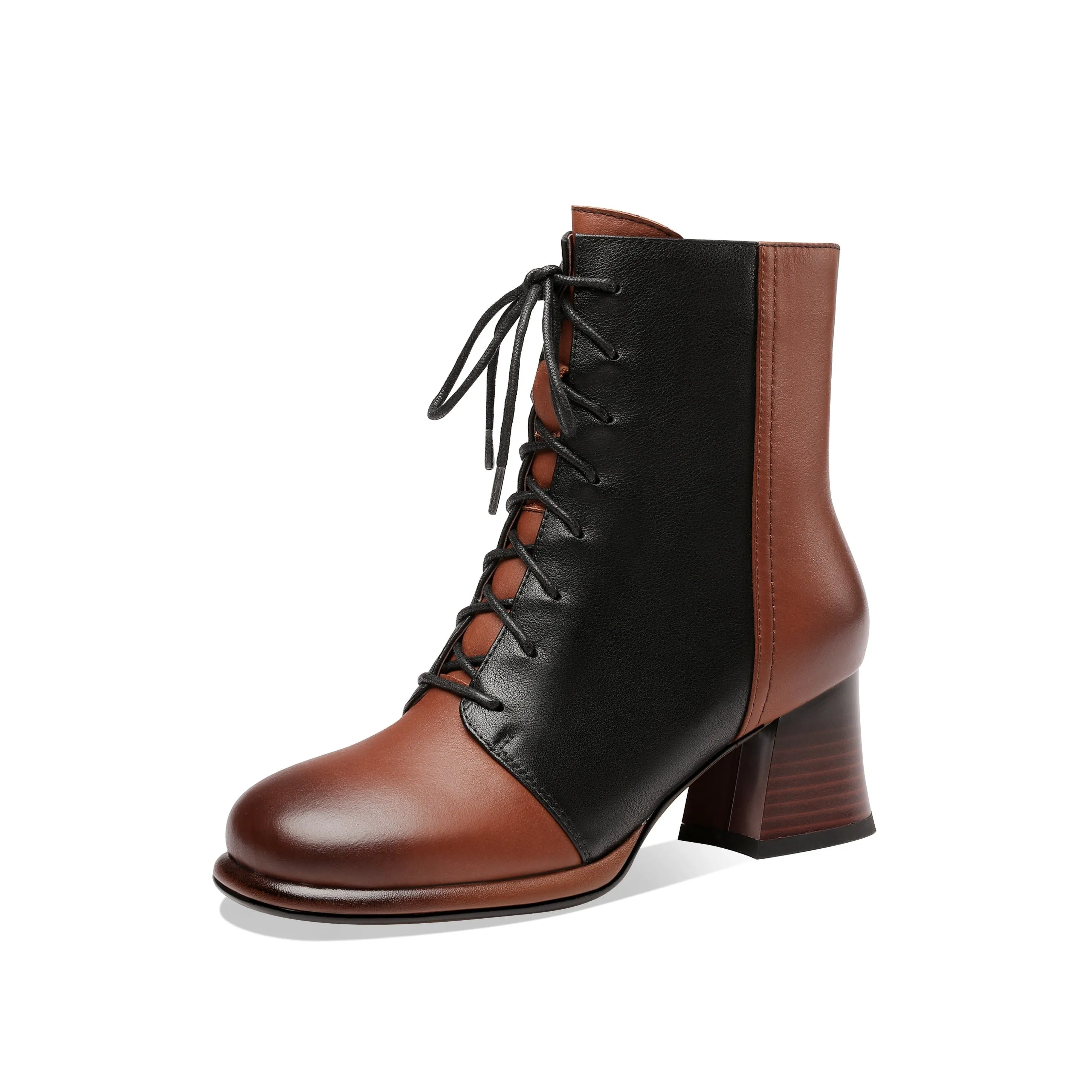 TinaCus Women's Genuine Leather Assort Colors Round Toe Handmade Laces Side Zipper Retro Booties with Chunky Heels