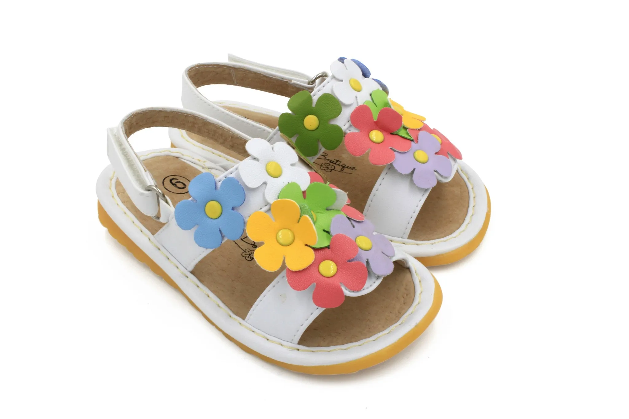 White Multi-Color Flowers Girl Squeaky Sandals