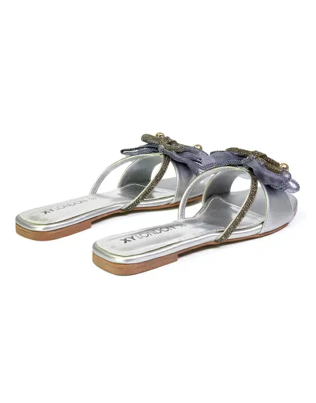 Zendaya Mesh Diamante Bow Flat Sandal Square Toe Bridal Shoes in Silver